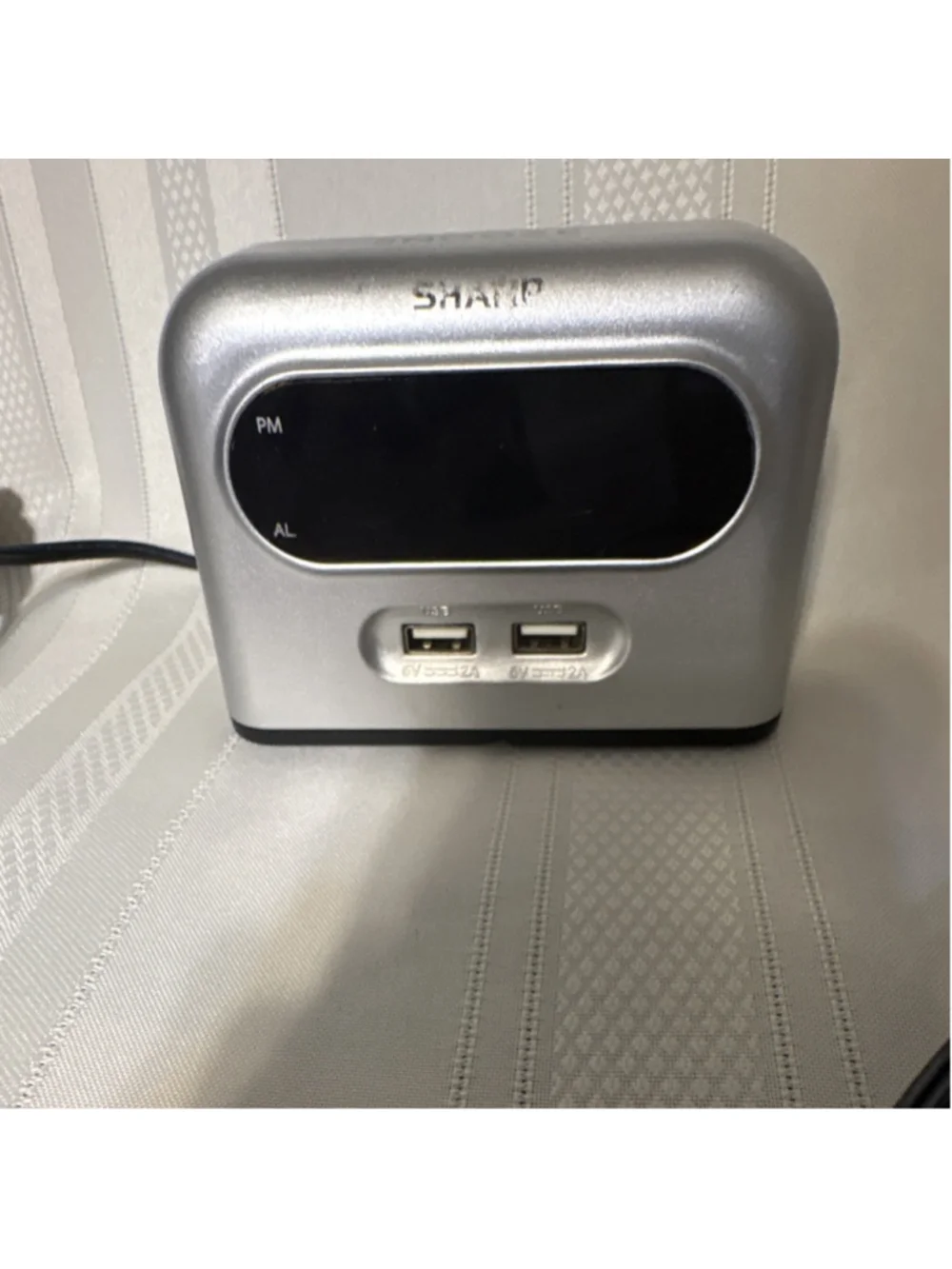 Sharp Digital Alarm Clock Silver Modern Dual USB Charging Snooze Bedroom